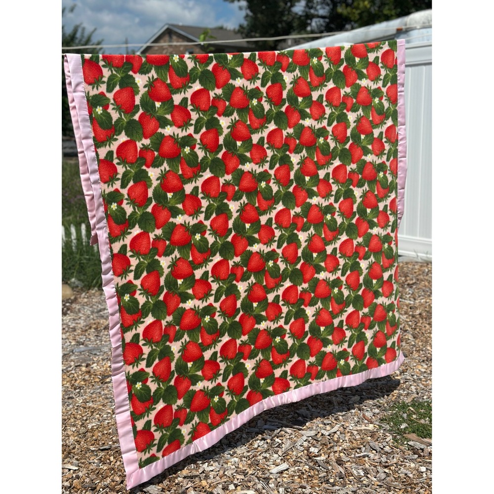 Strawberry Print Fleece Blanket Pink Satin Trim Throw Cottagecore Handmade 80x60